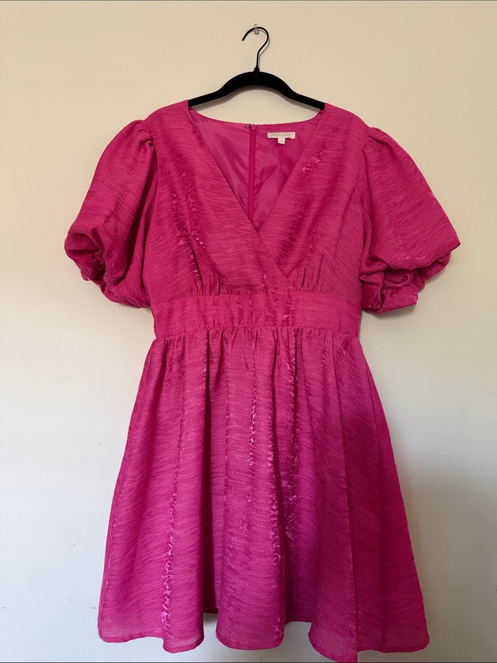Fuchsia Puff Sleeve V-Neck Party Dress